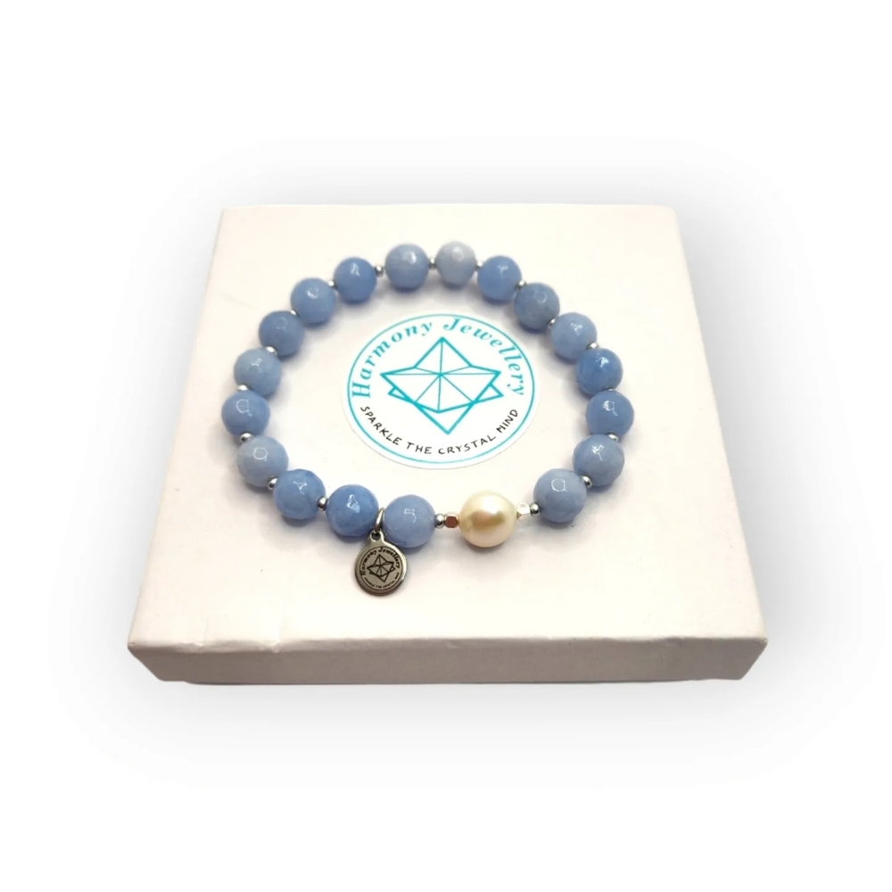 Faceted Aquamarine Quartz, Freshwater Pearl, Harmony charm bracelet 8 mm
